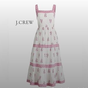 J Crew Pink and White Block Print Square Neck Sleeveless Tiered Cotto Midi Dress